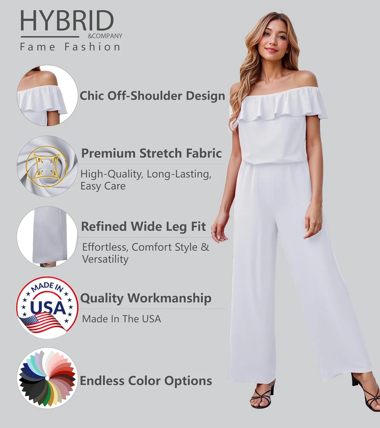 Hybrid & Company Women Casual Off Shoulder High Waist Pants Romper Wide Leg Jumpsuit