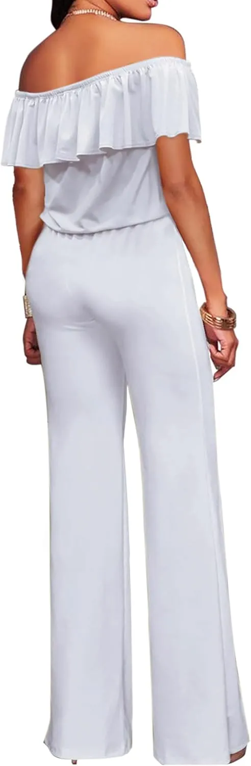 Hybrid & Company Women Casual Off Shoulder High Waist Pants Romper Wide Leg Jumpsuit