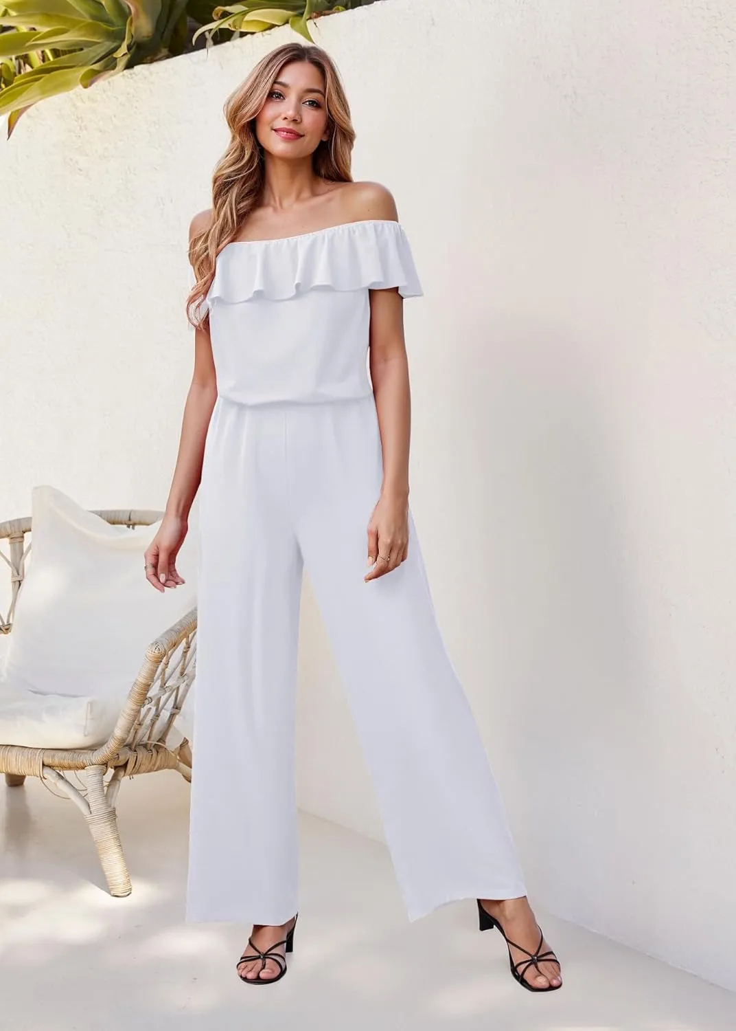 Hybrid & Company Women Casual Off Shoulder High Waist Pants Romper Wide Leg Jumpsuit