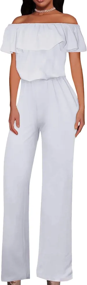 Hybrid & Company Women Casual Off Shoulder High Waist Pants Romper Wide Leg Jumpsuit