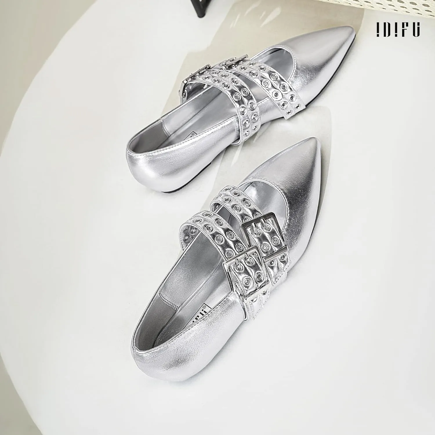 IDIFU Mary Jane Ballet Flats for Women Closed Pointed Toe Double Straps Slip on Buckle Shoes Work Bridal Wedding Prom Office Ladies Casual Dress Shoes Comfortable Fashion Trendy Dressy Flat Shoes