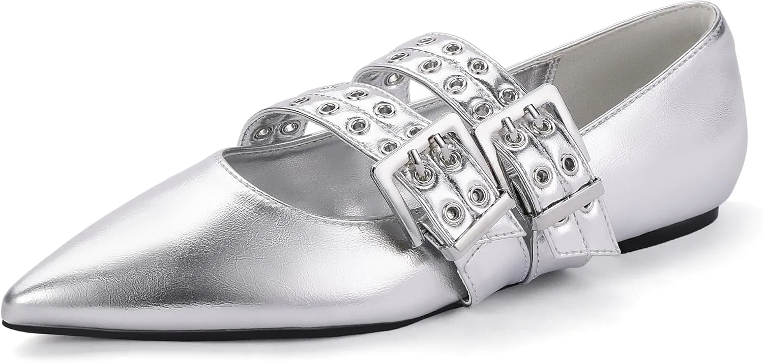 IDIFU Mary Jane Ballet Flats for Women Closed Pointed Toe Double Straps Slip on Buckle Shoes Work Bridal Wedding Prom Office Ladies Casual Dress Shoes Comfortable Fashion Trendy Dressy Flat Shoes
