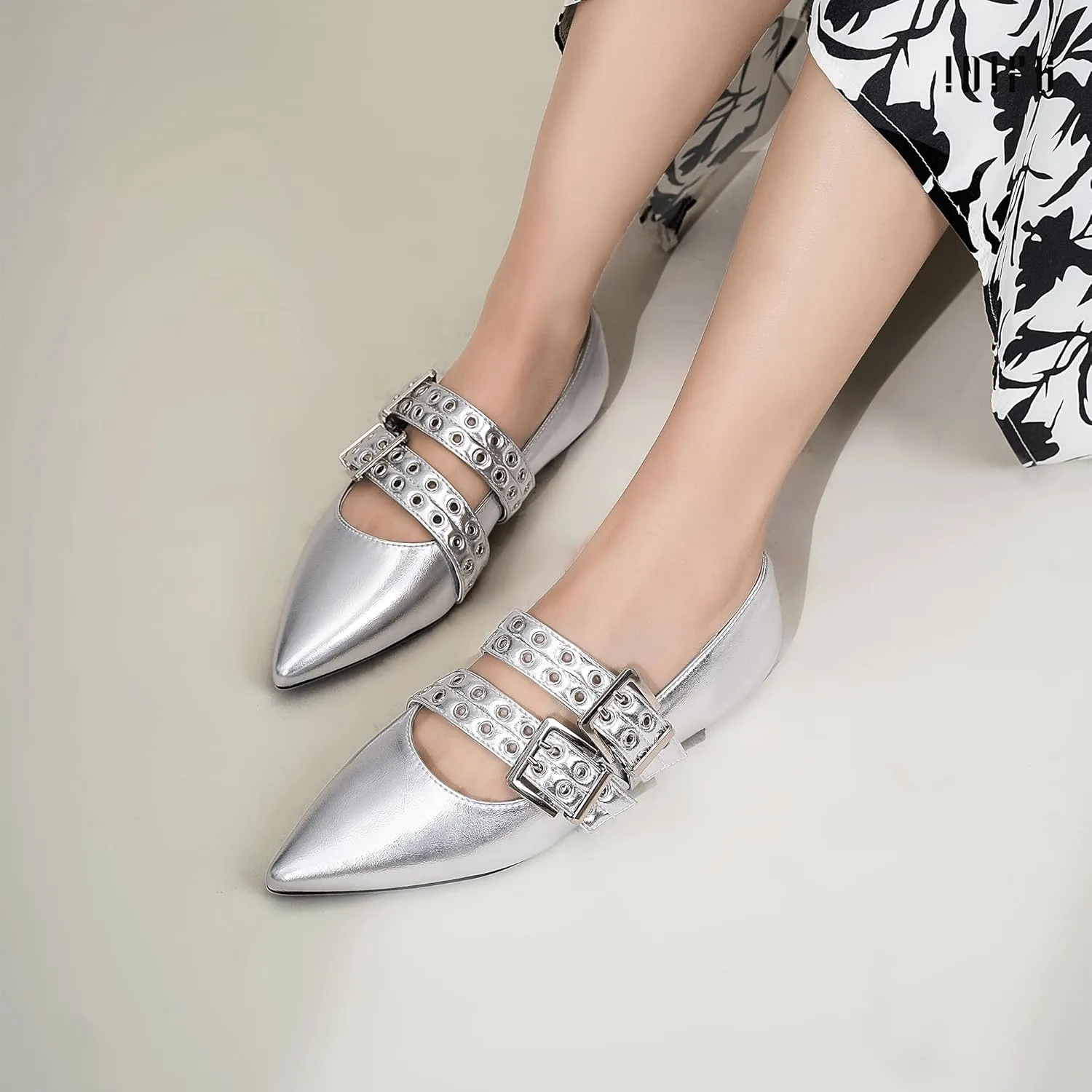 IDIFU Mary Jane Ballet Flats for Women Closed Pointed Toe Double Straps Slip on Buckle Shoes Work Bridal Wedding Prom Office Ladies Casual Dress Shoes Comfortable Fashion Trendy Dressy Flat Shoes