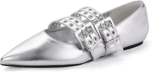 IDIFU Mary Jane Ballet Flats for Women Closed Pointed Toe Double Straps Slip on Buckle Shoes Work Bridal Wedding Prom Office Ladies Casual Dress Shoes Comfortable Fashion Trendy Dressy Flat Shoes