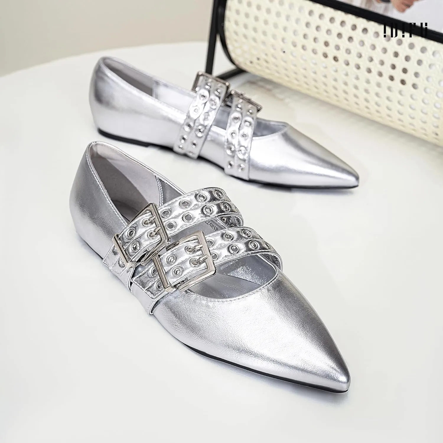 IDIFU Mary Jane Ballet Flats for Women Closed Pointed Toe Double Straps Slip on Buckle Shoes Work Bridal Wedding Prom Office Ladies Casual Dress Shoes Comfortable Fashion Trendy Dressy Flat Shoes