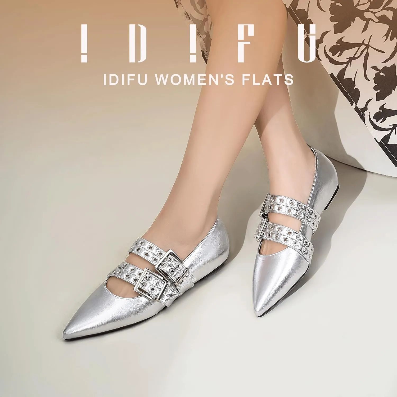 IDIFU Mary Jane Ballet Flats for Women Closed Pointed Toe Double Straps Slip on Buckle Shoes Work Bridal Wedding Prom Office Ladies Casual Dress Shoes Comfortable Fashion Trendy Dressy Flat Shoes