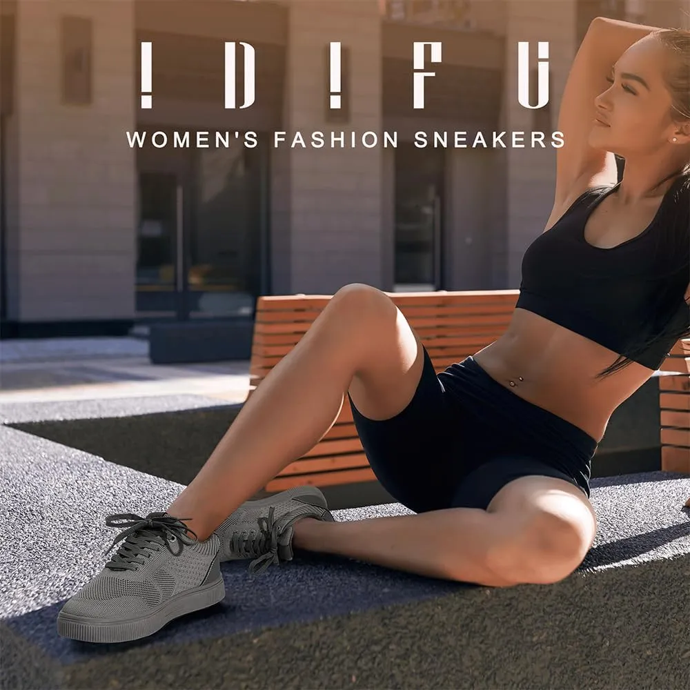 IDIFU Women's Fashion Sneakers Knit Lace Up Mesh Sneakers Ladies Casual Comfortable Dressy Trendy Tennis Shoes Spring Business Walking Work Office Travel Low Top Slide Slip On Flat Sneakers Shoes
