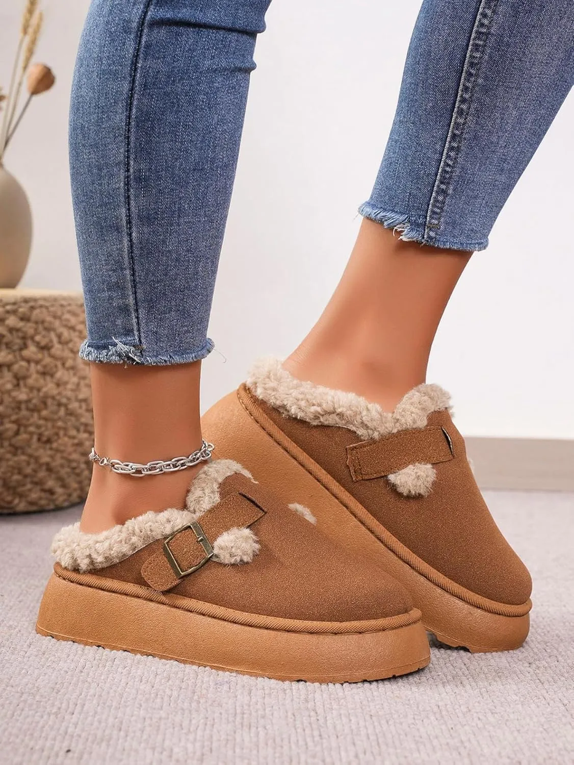 Katutude Women's Slippers Thick Rubber Sole Fleece Lined Snow Boots Slip-On Shoes Soft Comfy Indoor Outdoor Anti-Slip Slipper Shoes