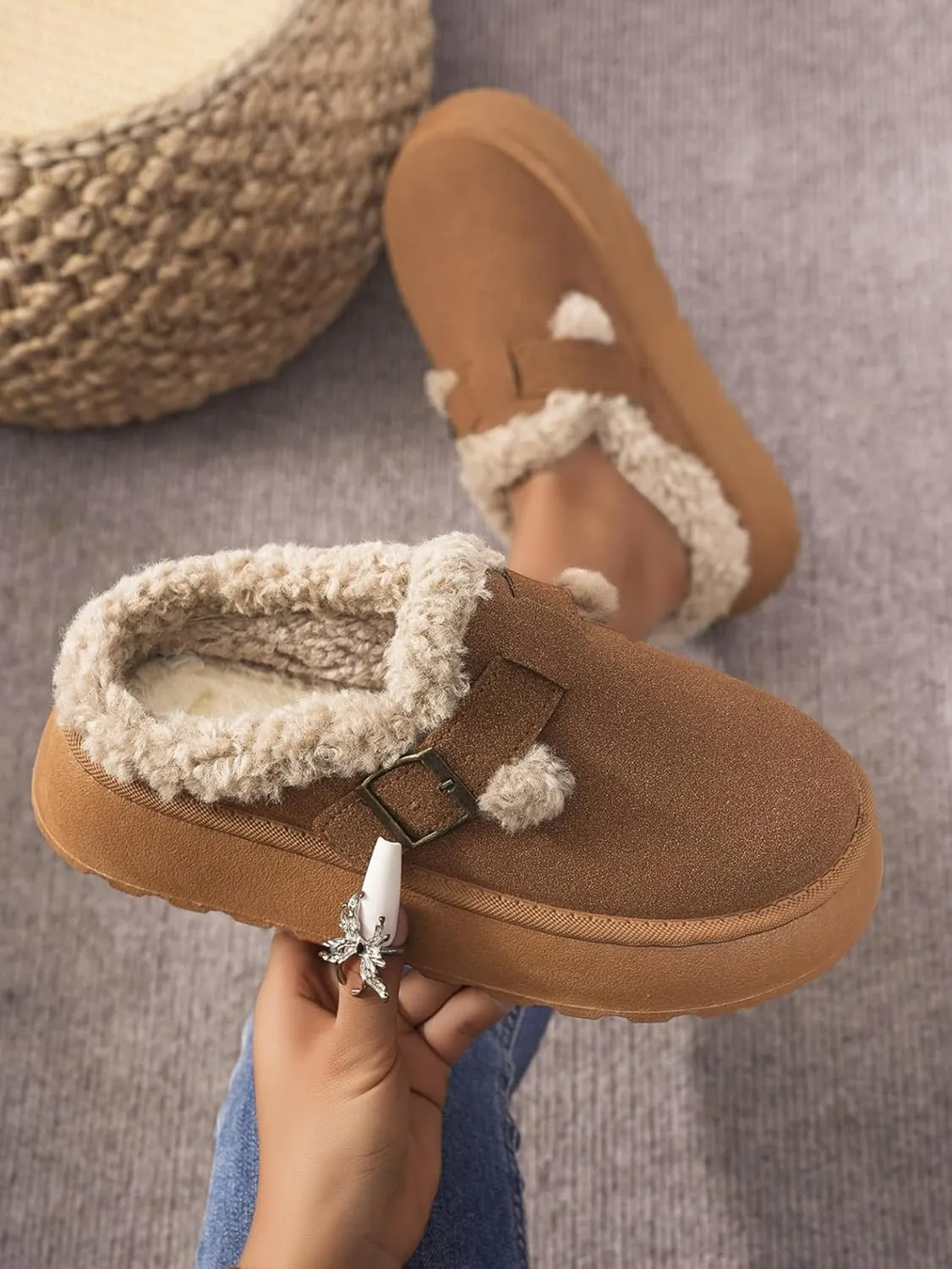 Katutude Women's Slippers Thick Rubber Sole Fleece Lined Snow Boots Slip-On Shoes Soft Comfy Indoor Outdoor Anti-Slip Slipper Shoes