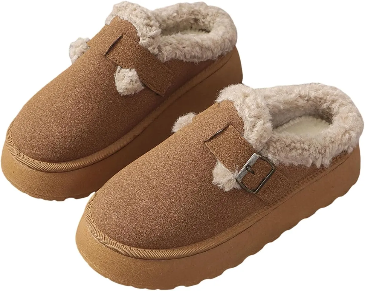 Katutude Women's Slippers Thick Rubber Sole Fleece Lined Snow Boots Slip-On Shoes Soft Comfy Indoor Outdoor Anti-Slip Slipper Shoes