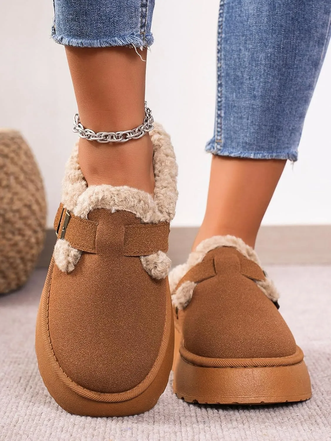 Katutude Women's Slippers Thick Rubber Sole Fleece Lined Snow Boots Slip-On Shoes Soft Comfy Indoor Outdoor Anti-Slip Slipper Shoes