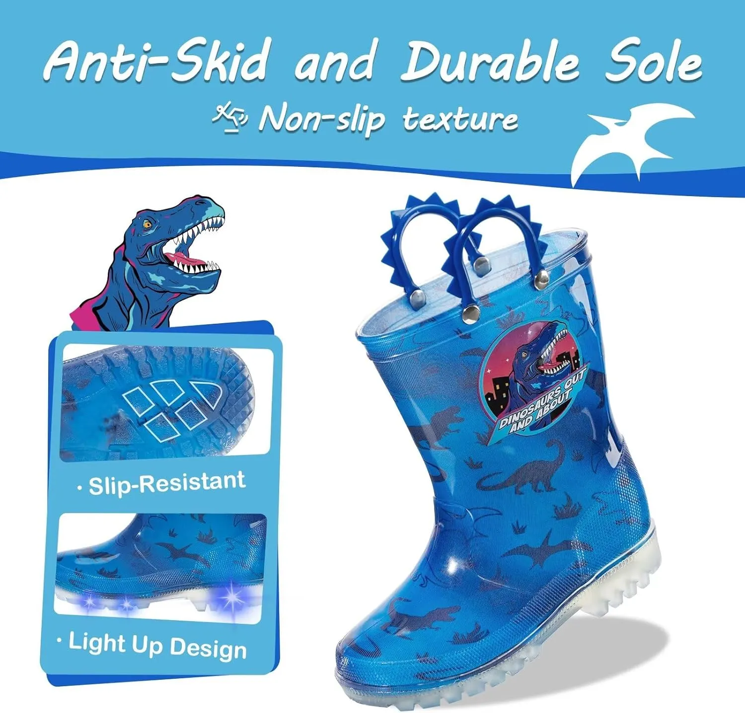 Kids Toddler Rain Boots for Girls Boys Light Up Waterproof Rain Shoes Patterns and Glitter Boot with Easy On Handles