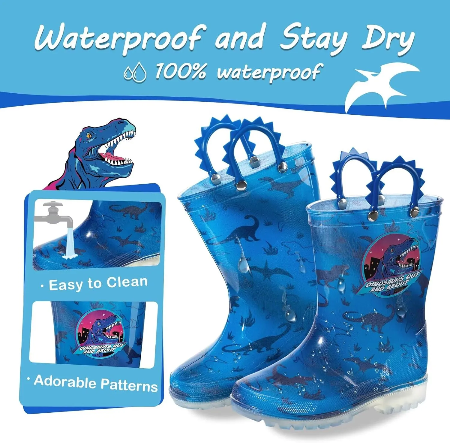 Kids Toddler Rain Boots for Girls Boys Light Up Waterproof Rain Shoes Patterns and Glitter Boot with Easy On Handles