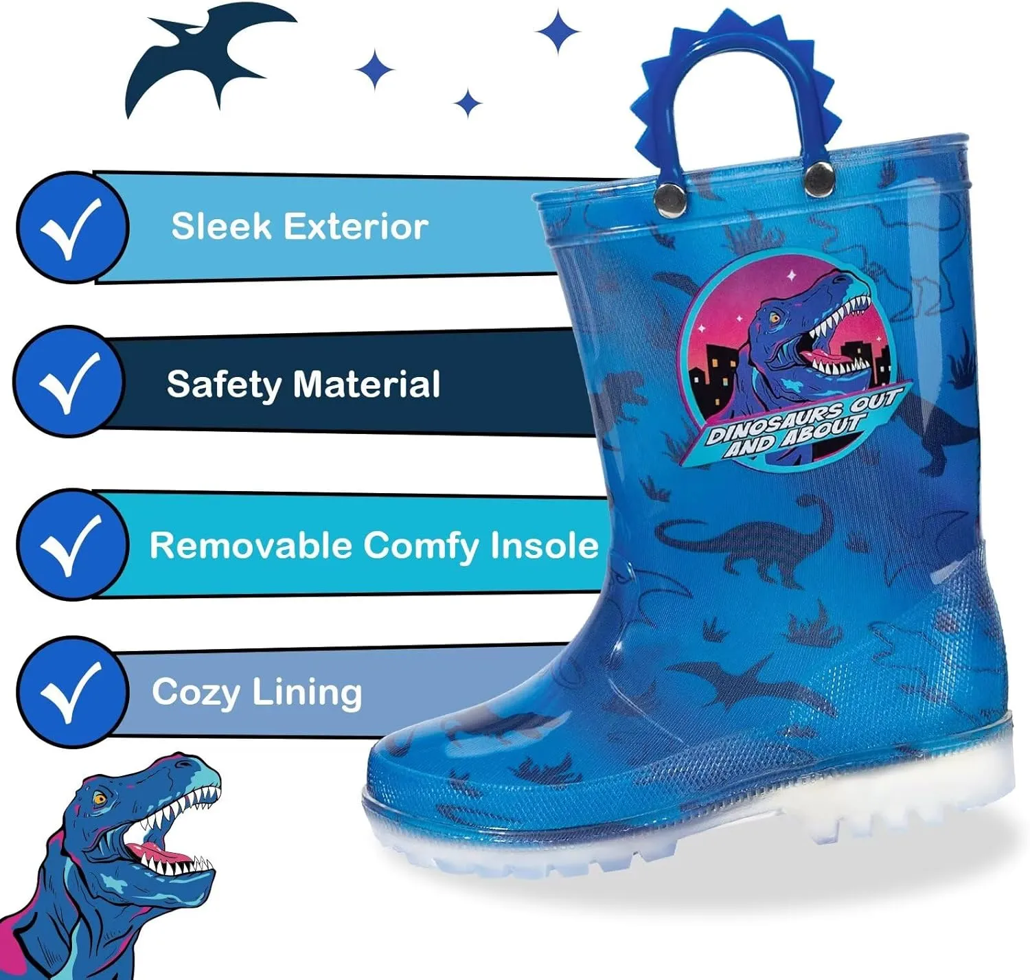 Kids Toddler Rain Boots for Girls Boys Light Up Waterproof Rain Shoes Patterns and Glitter Boot with Easy On Handles