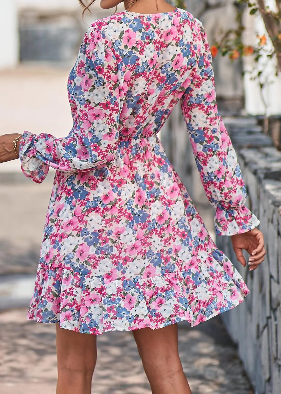 KIRUNDO Women Casual Summer Fall Dresses Long Sleeve Floral Wrap V Neck High Waist Ruffle Tiered A Line Flowy Mini Dress