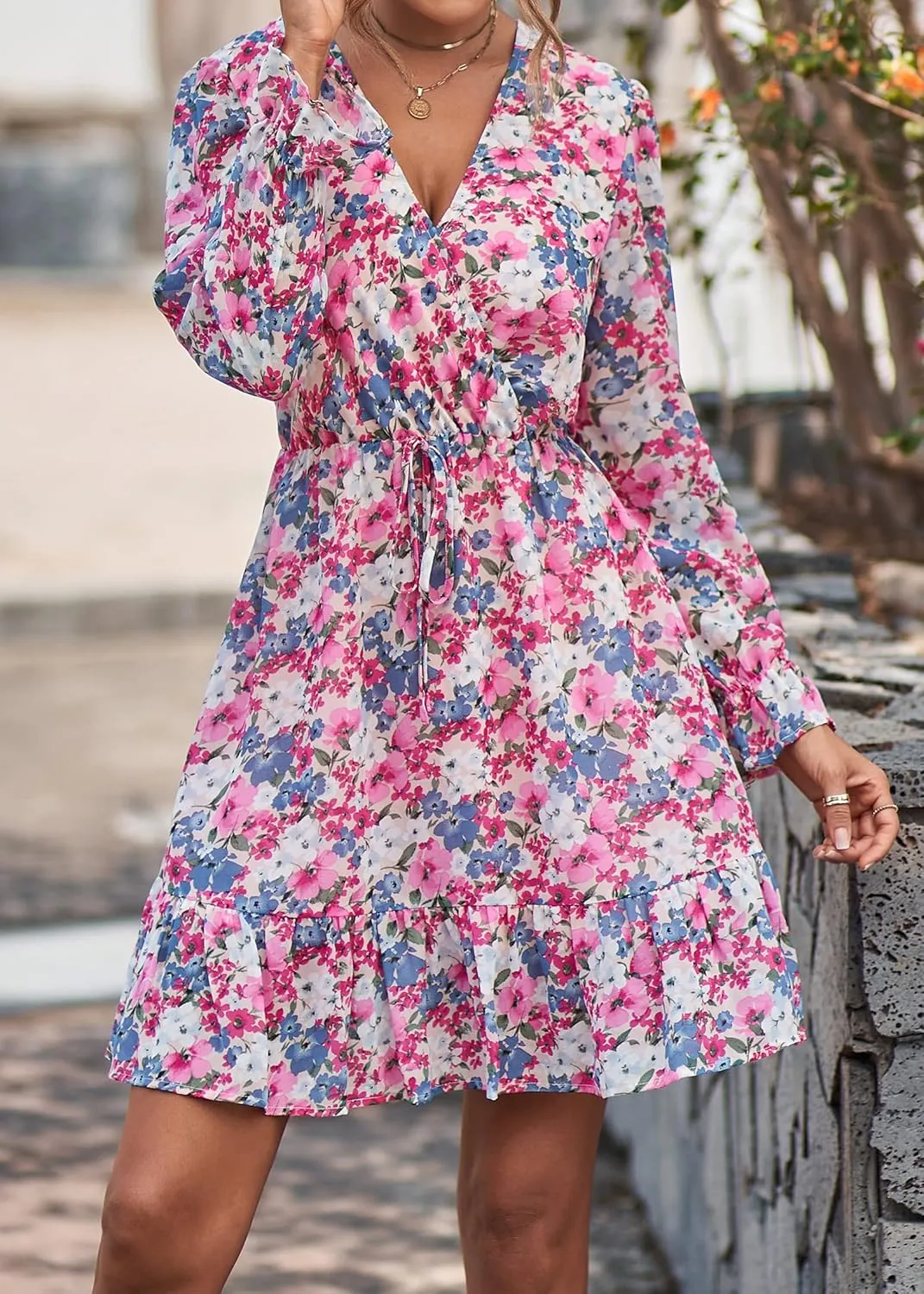 KIRUNDO Women Casual Summer Fall Dresses Long Sleeve Floral Wrap V Neck High Waist Ruffle Tiered A Line Flowy Mini Dress
