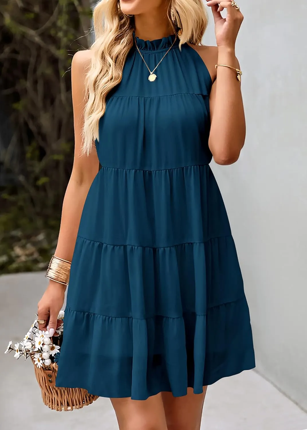 KIRUNDO Womens Summer Dresses 2025 Casual Halter Sundress Sleeveless Flowy Mini Babydoll Tiered Pleated Beach Dress