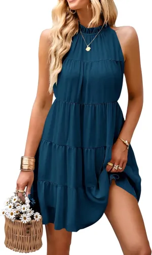 KIRUNDO Womens Summer Dresses 2025 Casual Halter Sundress Sleeveless Flowy Mini Babydoll Tiered Pleated Beach Dress