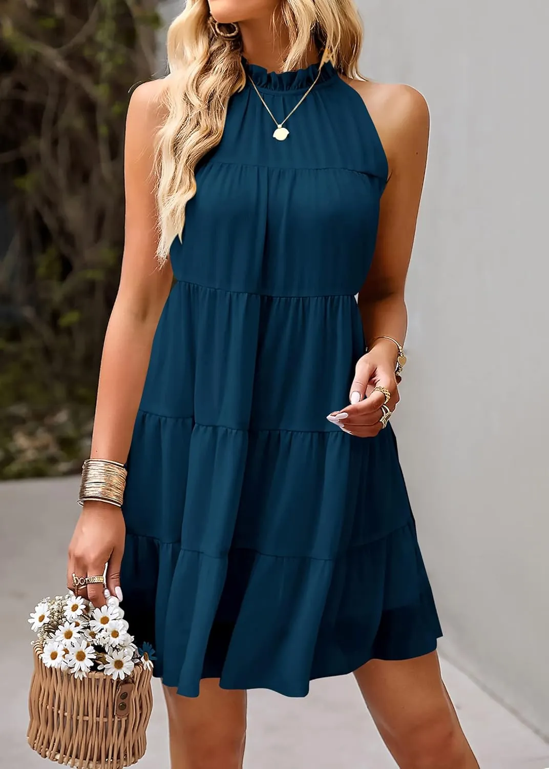 KIRUNDO Womens Summer Dresses 2025 Casual Halter Sundress Sleeveless Flowy Mini Babydoll Tiered Pleated Beach Dress