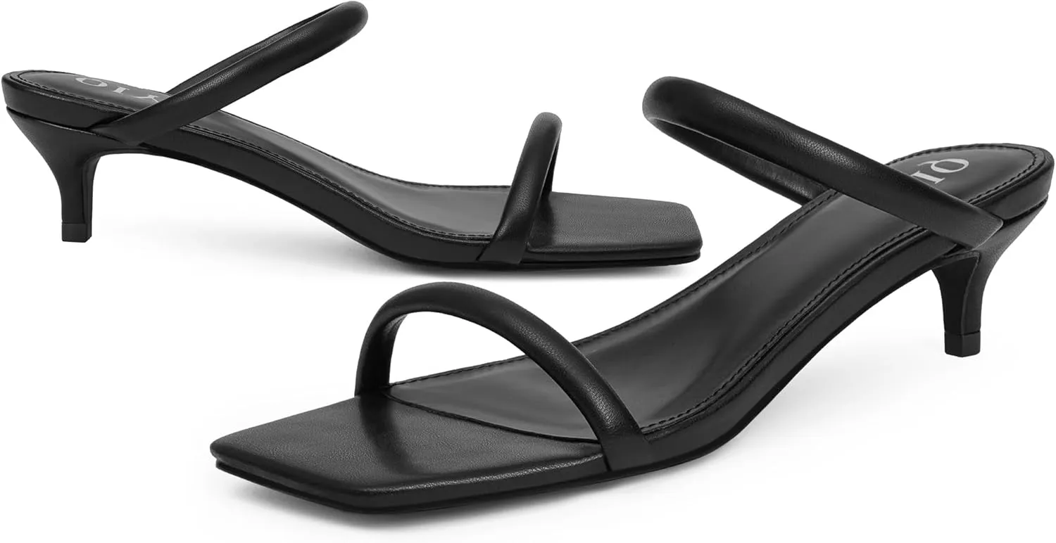 Kitten Heels Women Two Strap Heels Open Square Toe Heeled Sandals Low Heels for Women Slip on Slide Sandals