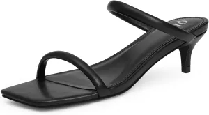 Kitten Heels Women Two Strap Heels Open Square Toe Heeled Sandals Low Heels for Women Slip on Slide Sandals