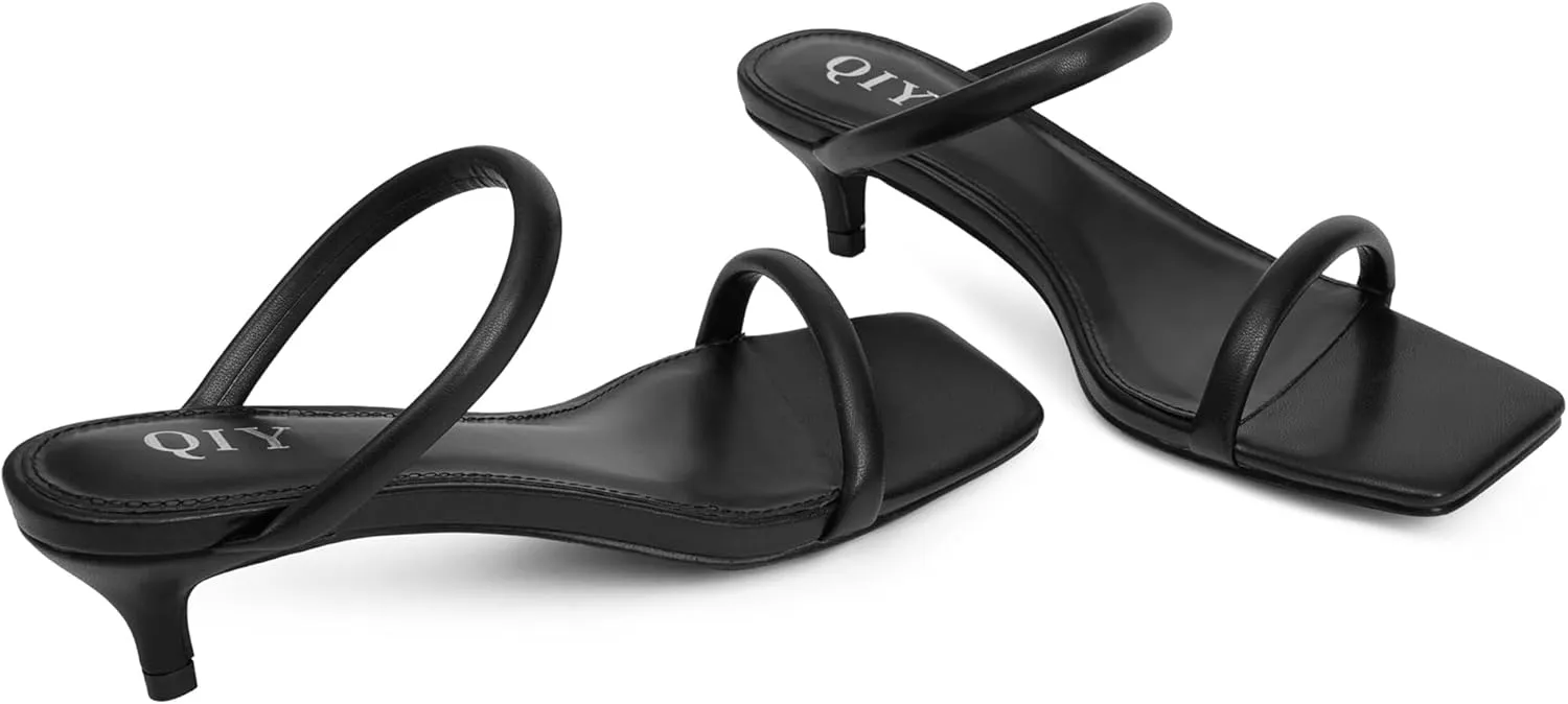 Kitten Heels Women Two Strap Heels Open Square Toe Heeled Sandals Low Heels for Women Slip on Slide Sandals