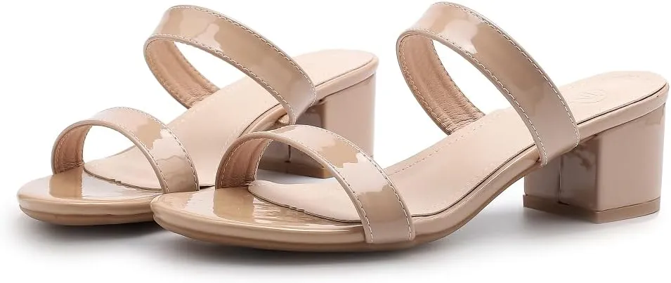 kkdom Round Toe Chunky Heels Sandals-Clear Nude Black Short Heels Two Strap Leather Mule Sandals Slip On Block Heels for Party Dating Daily Work