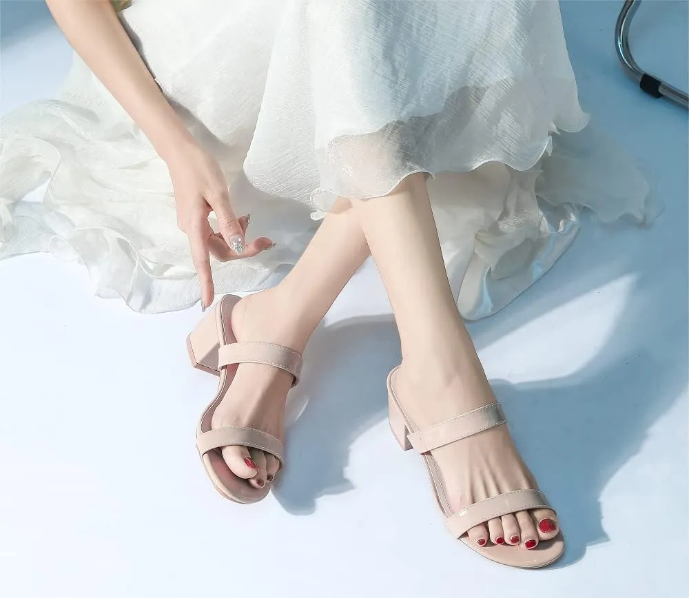 kkdom Round Toe Chunky Heels Sandals-Clear Nude Black Short Heels Two Strap Leather Mule Sandals Slip On Block Heels for Party Dating Daily Work