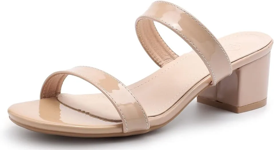kkdom Round Toe Chunky Heels Sandals-Clear Nude Black Short Heels Two Strap Leather Mule Sandals Slip On Block Heels for Party Dating Daily Work