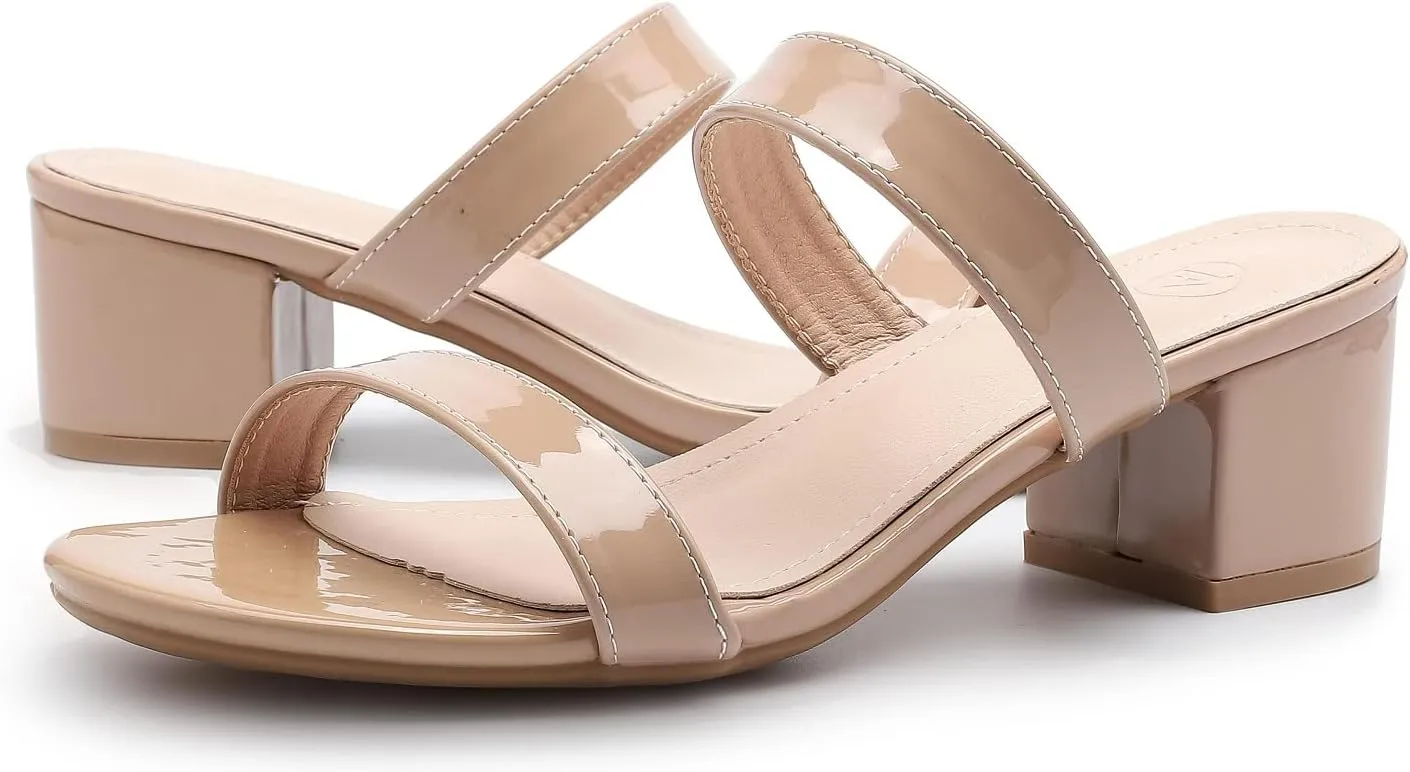 kkdom Round Toe Chunky Heels Sandals-Clear Nude Black Short Heels Two Strap Leather Mule Sandals Slip On Block Heels for Party Dating Daily Work