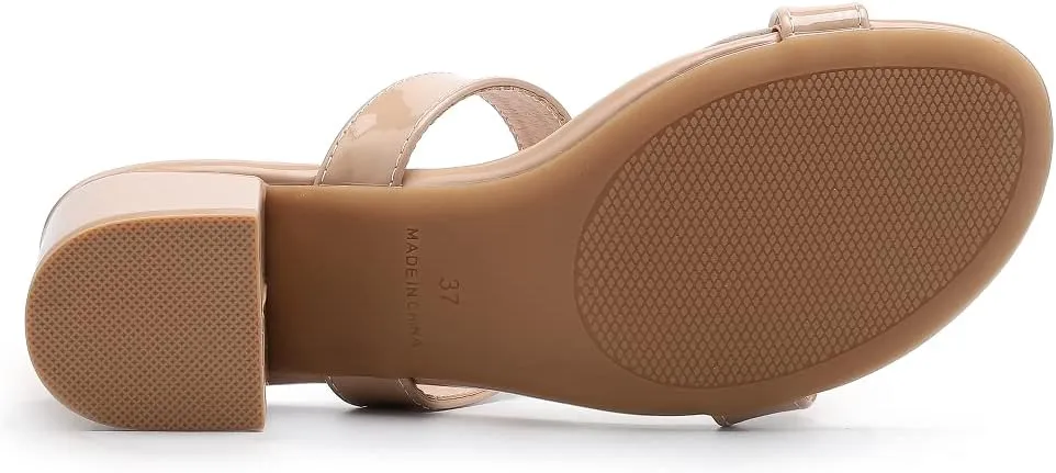 kkdom Round Toe Chunky Heels Sandals-Clear Nude Black Short Heels Two Strap Leather Mule Sandals Slip On Block Heels for Party Dating Daily Work