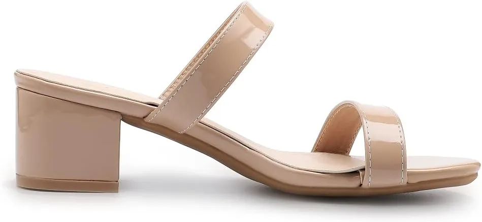 kkdom Round Toe Chunky Heels Sandals-Clear Nude Black Short Heels Two Strap Leather Mule Sandals Slip On Block Heels for Party Dating Daily Work