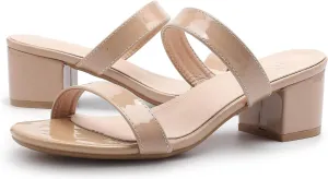 kkdom Round Toe Chunky Heels Sandals-Clear Nude Black Short Heels Two Strap Leather Mule Sandals Slip On Block Heels for Party Dating Daily Work