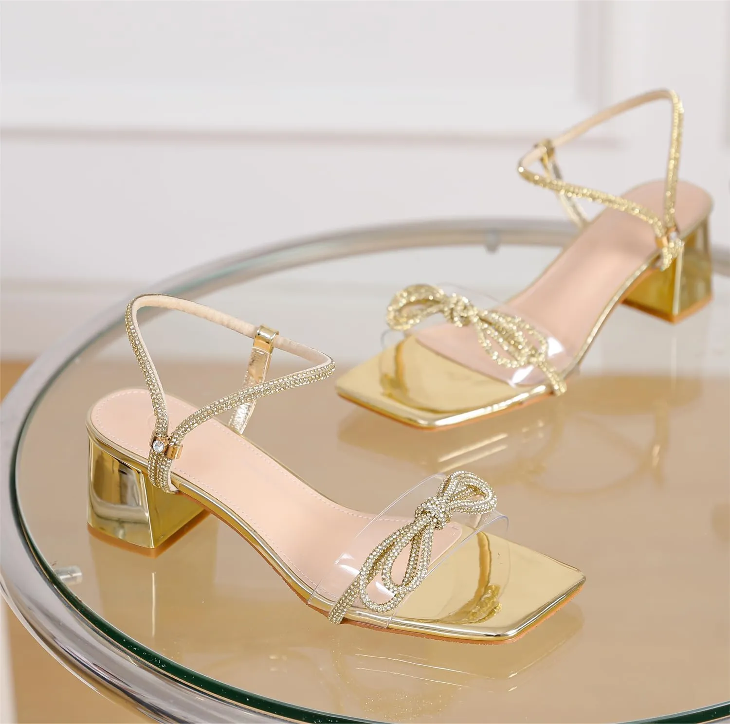 kkdom Women's Block Chunky Heels Sandals Rhinestone Bowknots Crystal Sandals Sexy Square Toe Dressy Shoes for Dating Party Wedding