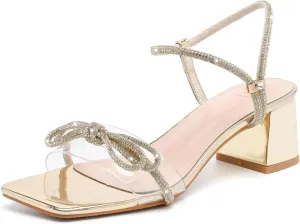 kkdom Women's Block Chunky Heels Sandals Rhinestone Bowknots Crystal Sandals Sexy Square Toe Dressy Shoes for Dating Party Wedding