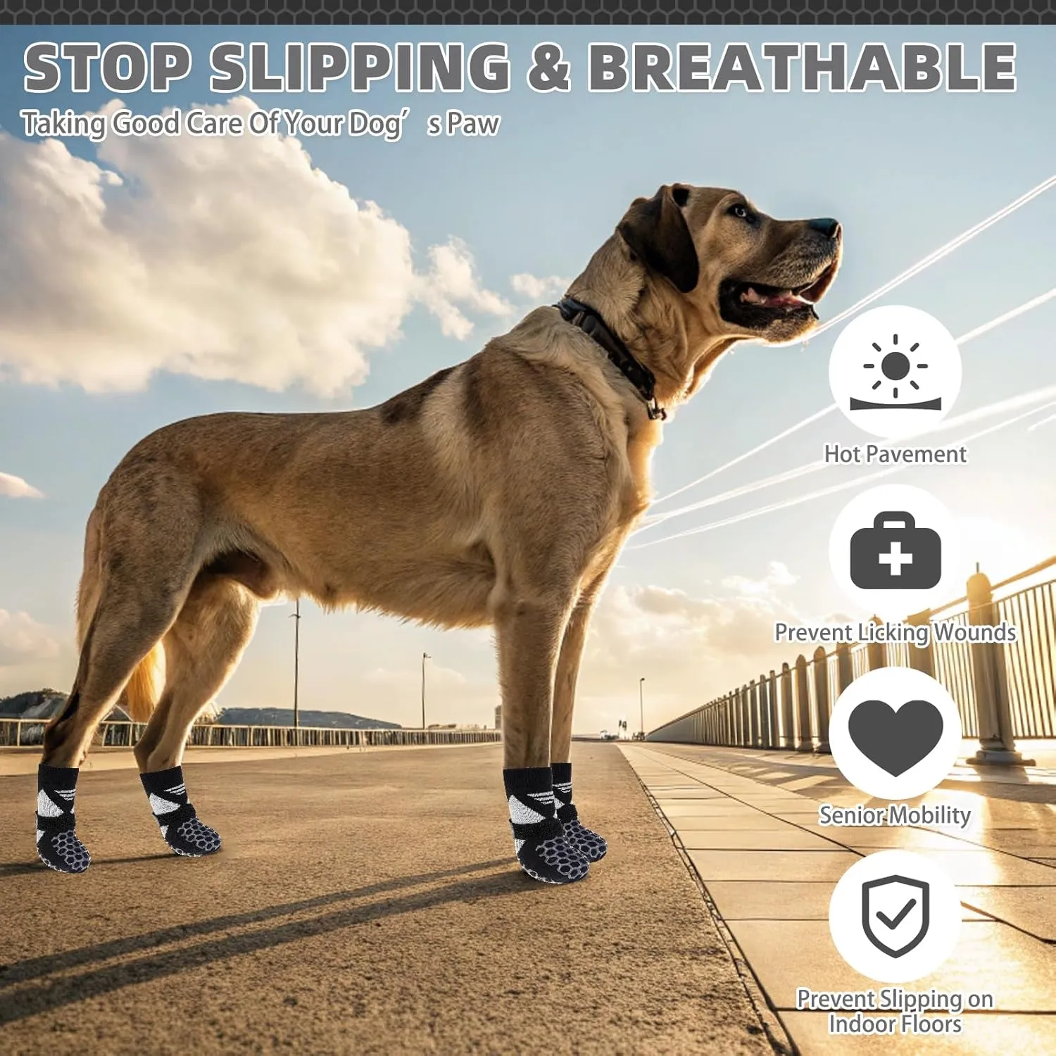 KOOLTAIL Dog Socks for Hot Pavement, Summer Breathable Dog Socks to Prevent Licking Paws, Non Slip Pet Boots & Paw Protectors for Hardwood Floor,Grippy Shoes for Small Medium Large Senior Dogs,Black L