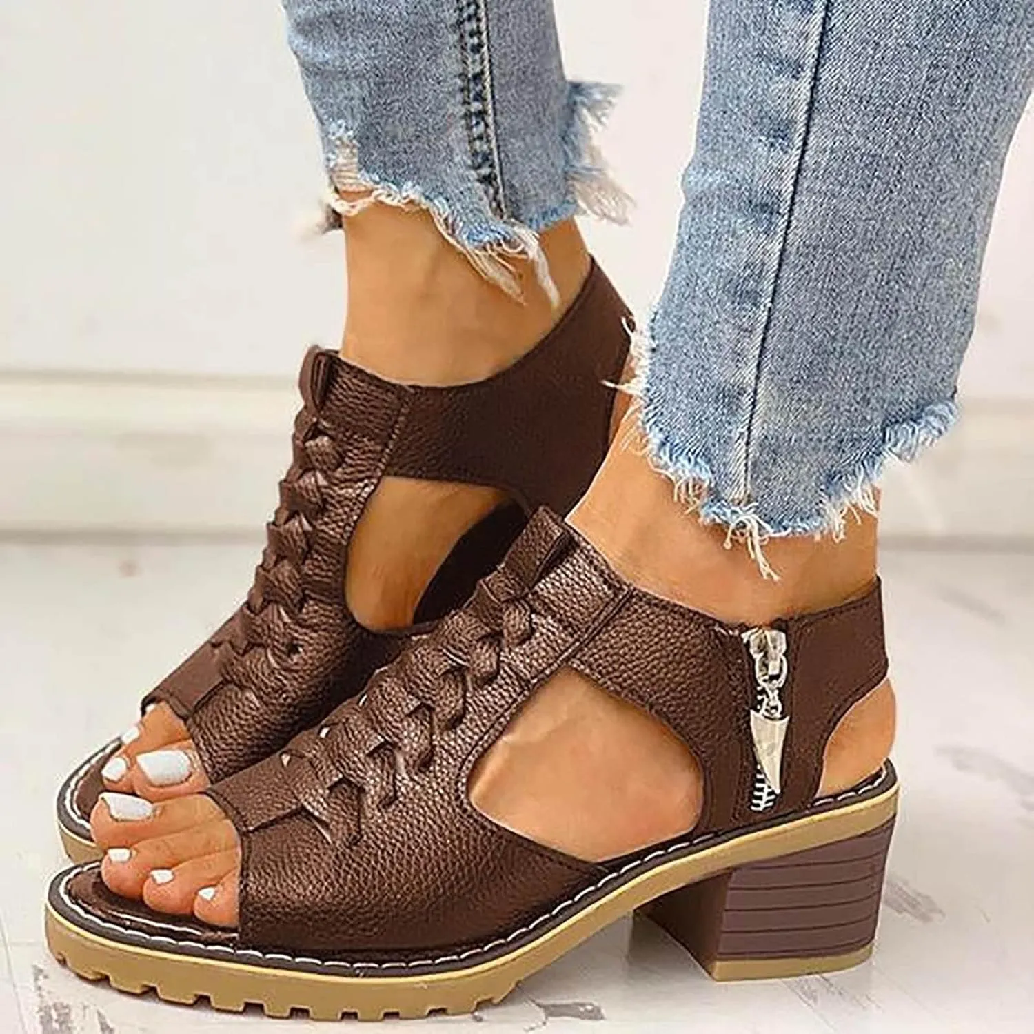 Libiyi Shoes for Women Libiyi Women's Comfy Orthotic Sandals Libiyi Peep Toe Cutout Zipper Chunky Heeled Sandals