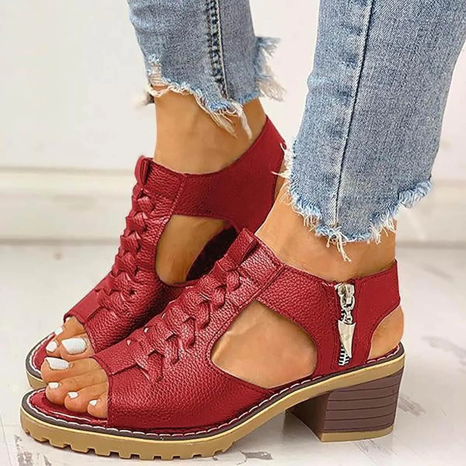 Libiyi Shoes for Women Libiyi Women's Comfy Orthotic Sandals Libiyi Peep Toe Cutout Zipper Chunky Heeled Sandals