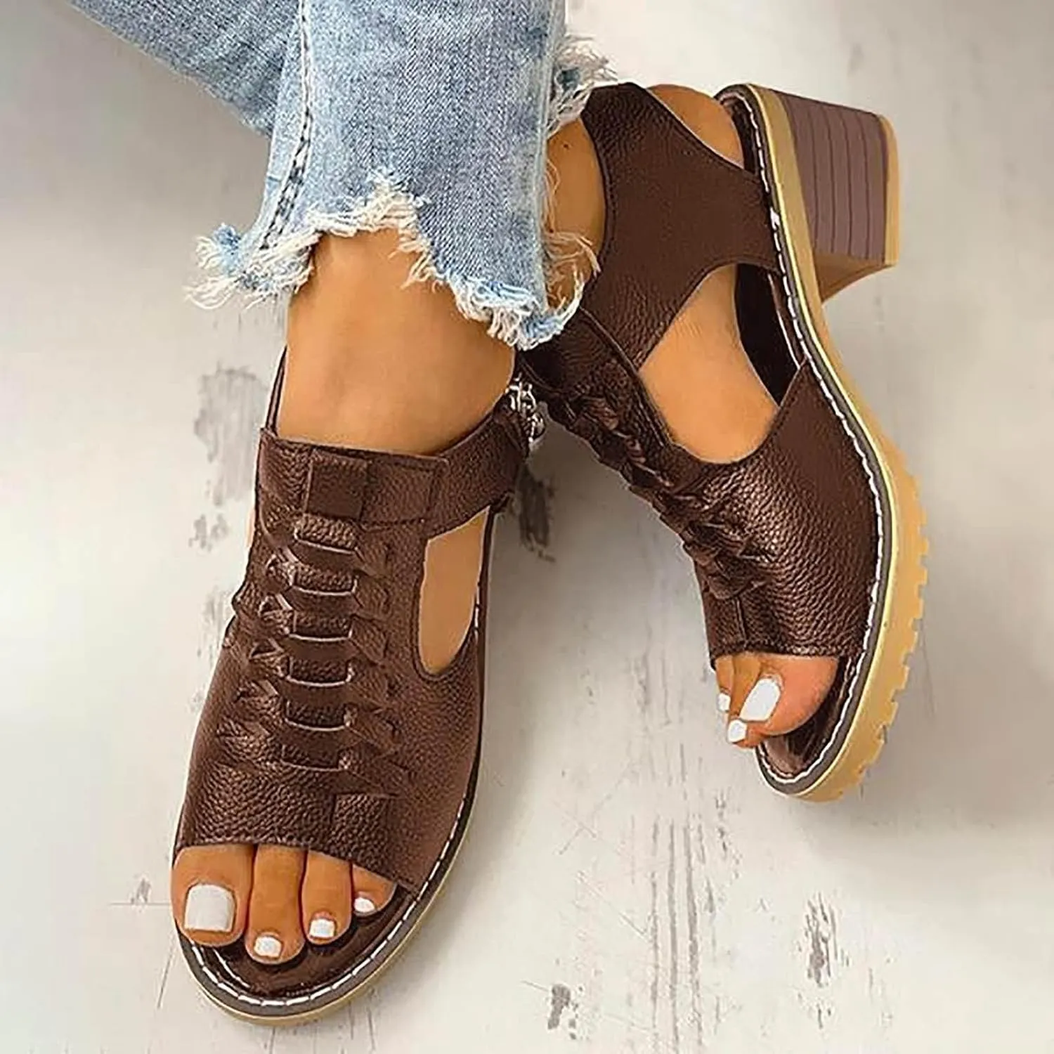 Libiyi Shoes for Women Libiyi Women's Comfy Orthotic Sandals Libiyi Peep Toe Cutout Zipper Chunky Heeled Sandals