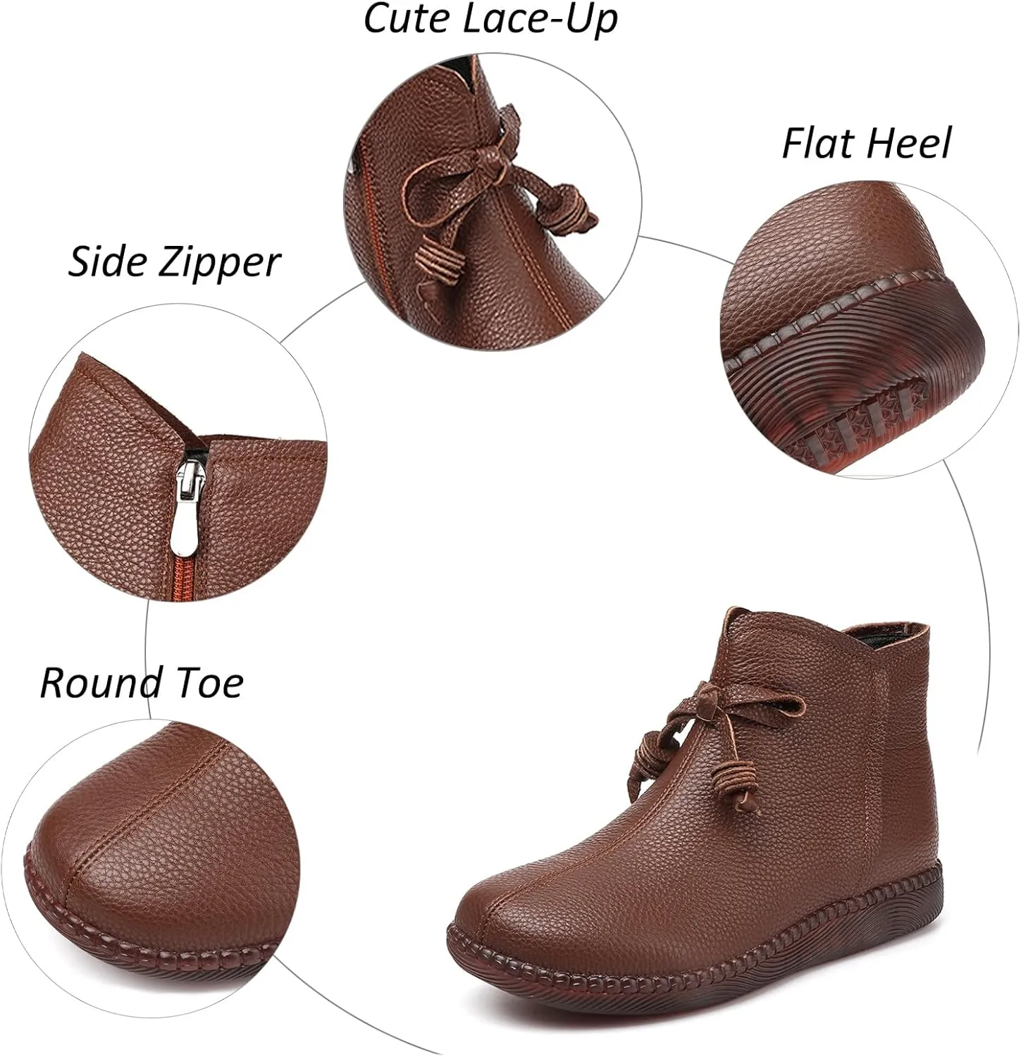 Lossarye Women's Leather Side Zipper Soft Flat Ankle Boots Retro Round Toe Lightweight Non-Slip Casual Booties Fall Winter Warm High Top Ankle Boots