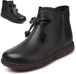 Lossarye Women's Leather Side Zipper Soft Flat Ankle Boots Retro Round Toe Lightweight Non-Slip Casual Booties Fall Winter Warm High Top Ankle Boots