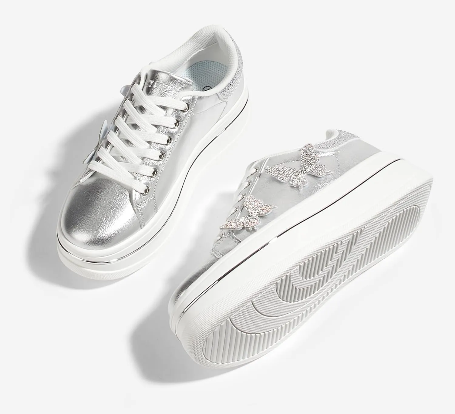 LUCKY STEP Women's Chunky Fashion Sneakers High Platform Rhinestone Butterfly Casual Faux Leather Durable Walking Tennis Shoes