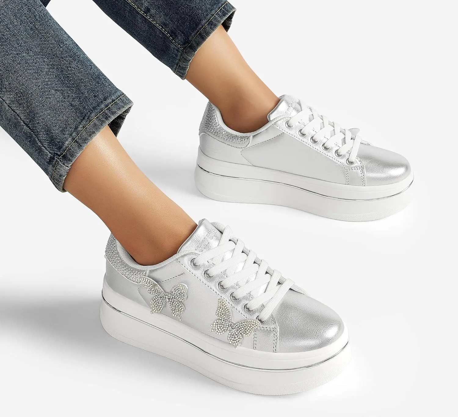 LUCKY STEP Women's Chunky Fashion Sneakers High Platform Rhinestone Butterfly Casual Faux Leather Durable Walking Tennis Shoes