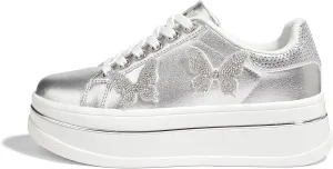 LUCKY STEP Women's Chunky Fashion Sneakers High Platform Rhinestone Butterfly Casual Faux Leather Durable Walking Tennis Shoes