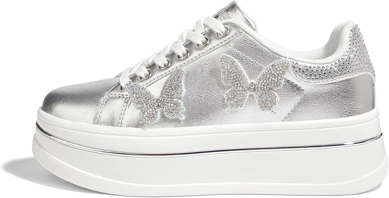 LUCKY STEP Women's Chunky Fashion Sneakers High Platform Rhinestone Butterfly Casual Faux Leather Durable Walking Tennis Shoes