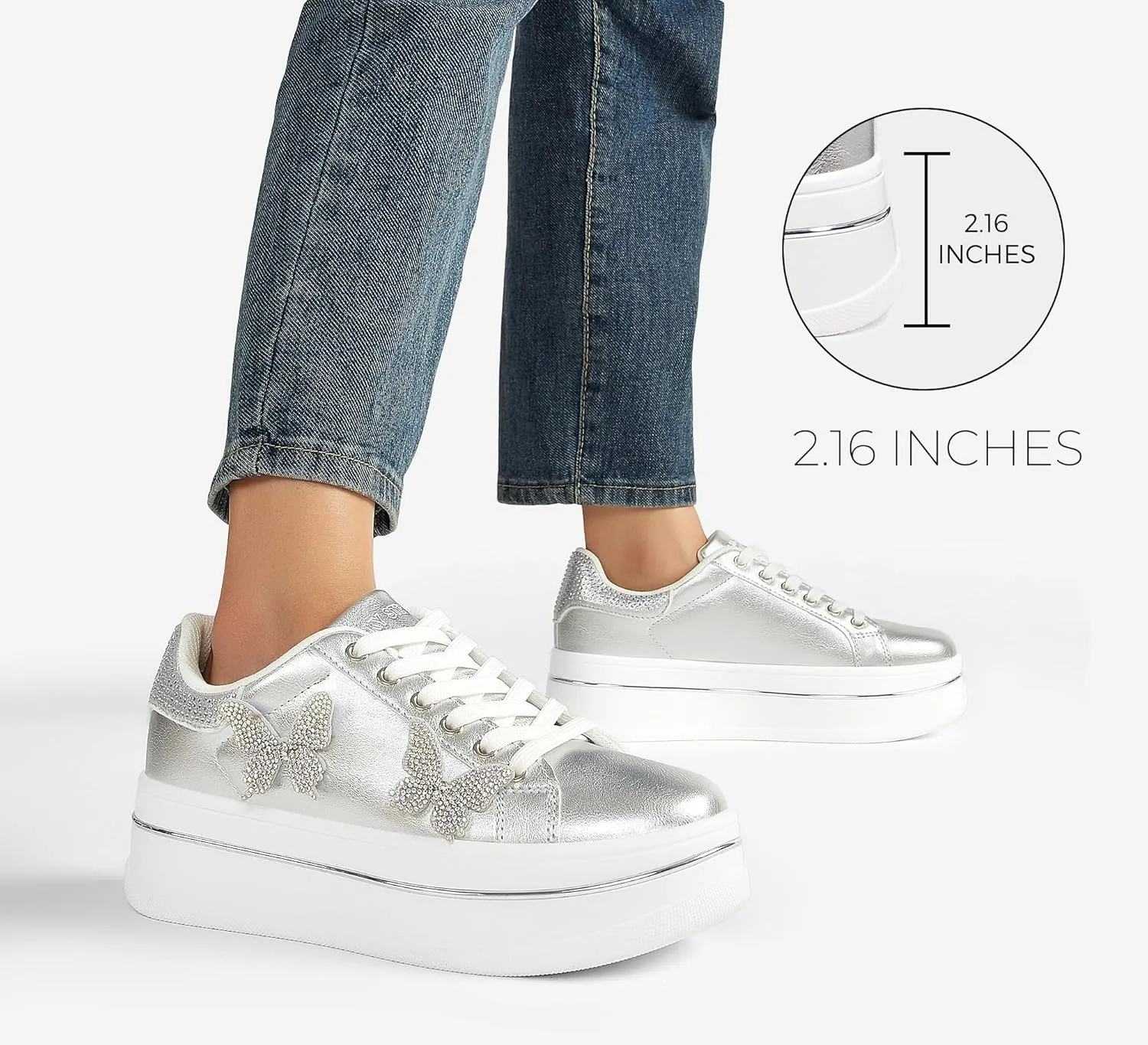 LUCKY STEP Women's Chunky Fashion Sneakers High Platform Rhinestone Butterfly Casual Faux Leather Durable Walking Tennis Shoes