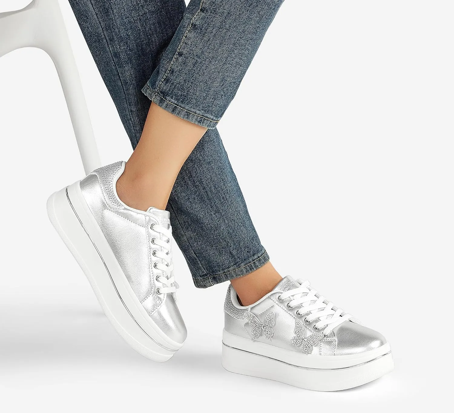LUCKY STEP Women's Chunky Fashion Sneakers High Platform Rhinestone Butterfly Casual Faux Leather Durable Walking Tennis Shoes