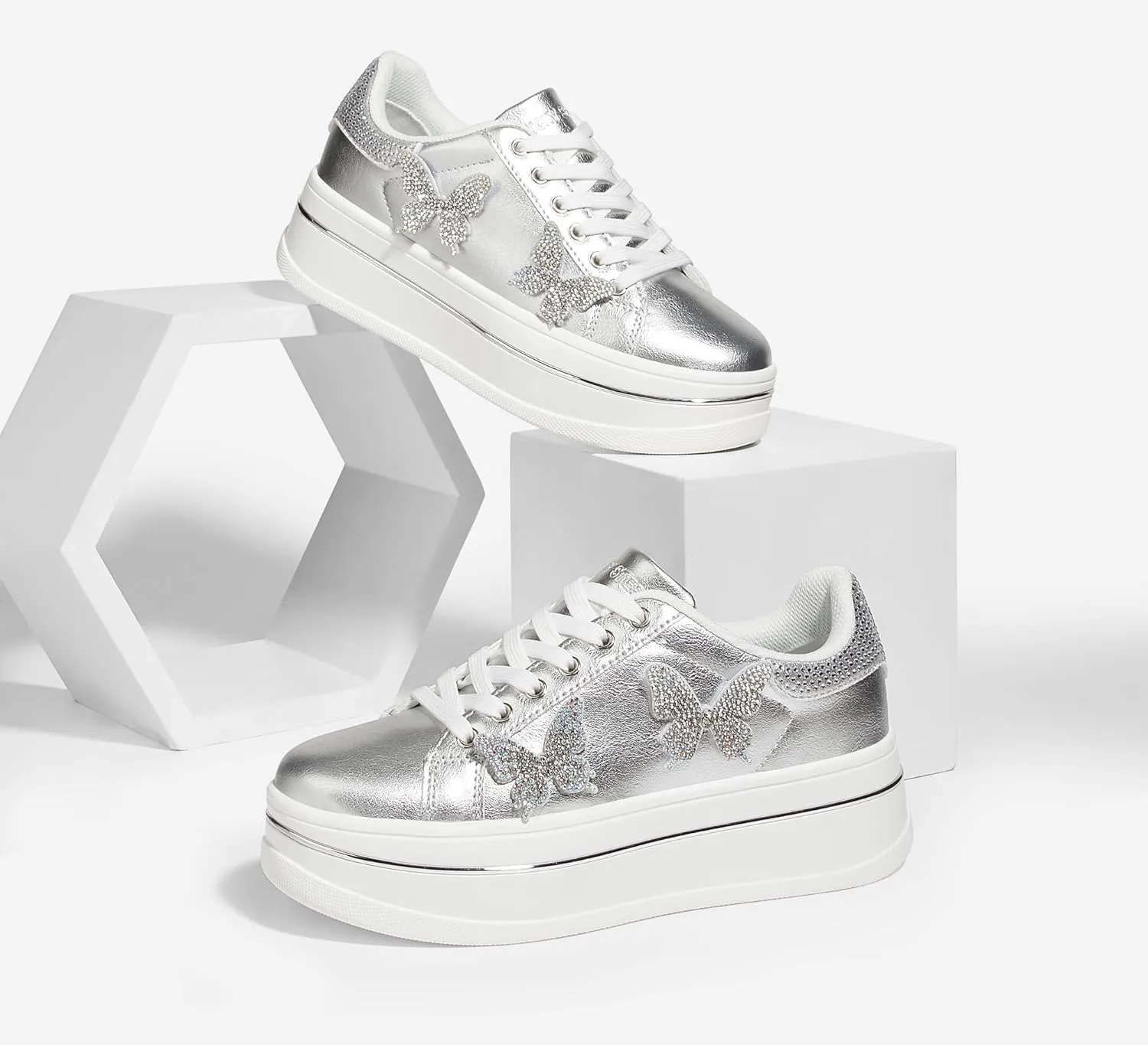 LUCKY STEP Women's Chunky Fashion Sneakers High Platform Rhinestone Butterfly Casual Faux Leather Durable Walking Tennis Shoes