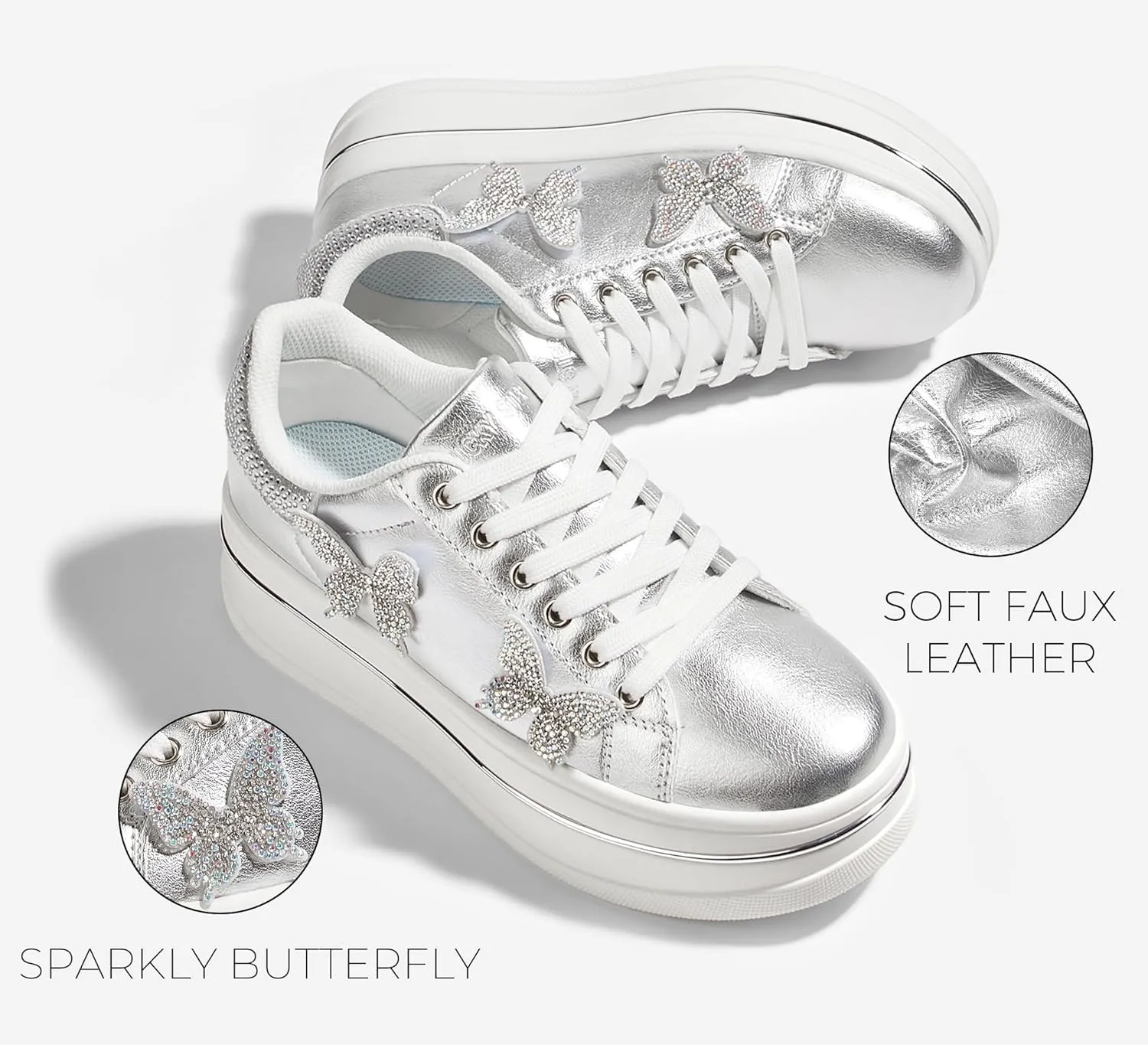 LUCKY STEP Women's Chunky Fashion Sneakers High Platform Rhinestone Butterfly Casual Faux Leather Durable Walking Tennis Shoes