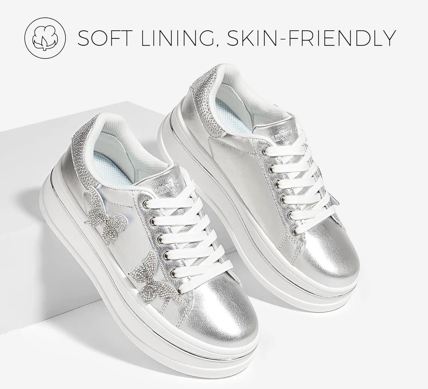 LUCKY STEP Women's Chunky Fashion Sneakers High Platform Rhinestone Butterfly Casual Faux Leather Durable Walking Tennis Shoes